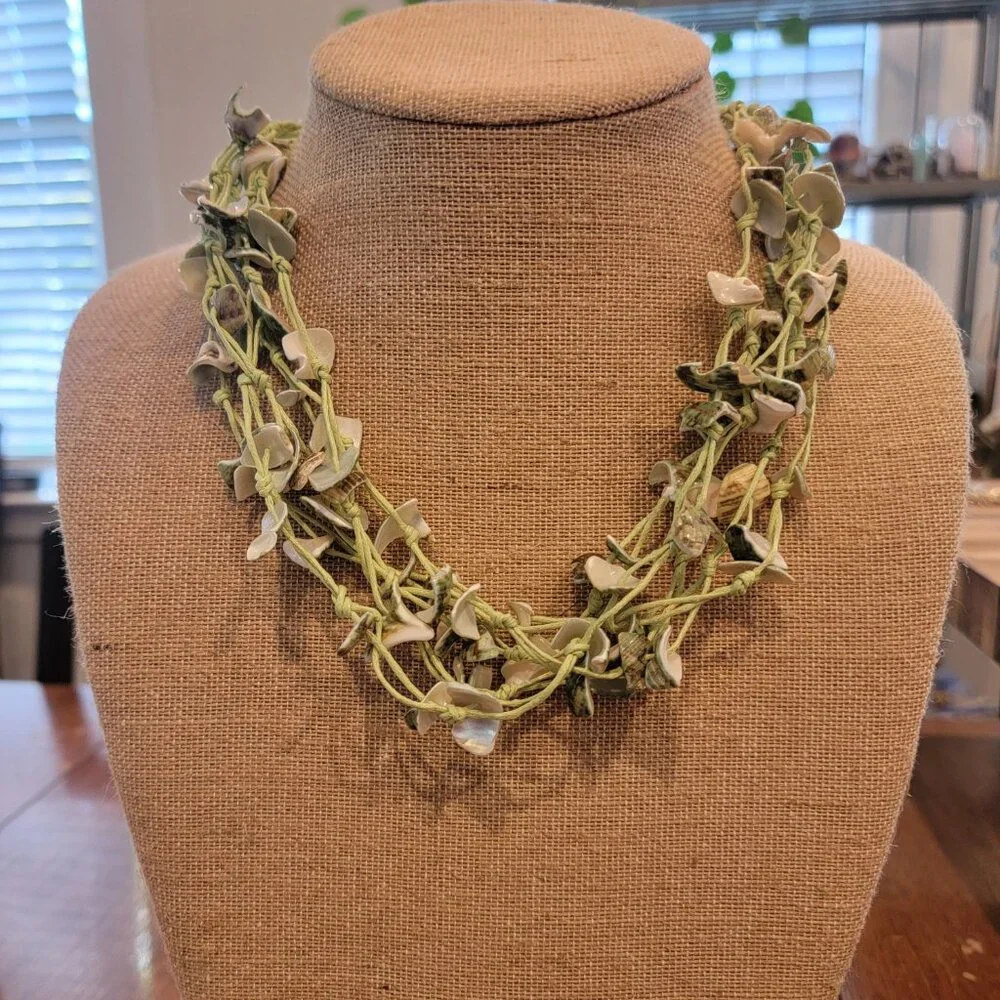 Green Shell & Cotton Multistrand Boho Necklace - Picture 11 of 11